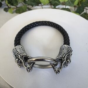 Locking Silver Dragon / Wolf Head and Black Braided Leather Bracelet